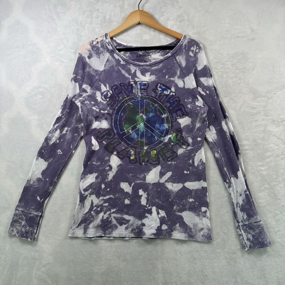 Vtg Y2K Tie Dye PEACE Rhinestone Accent Fitted Body Hug Top Size Large